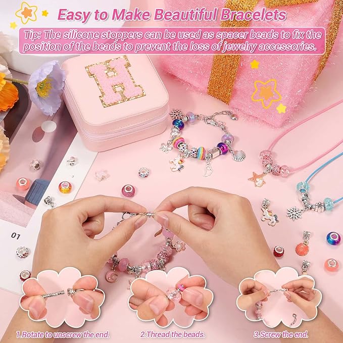 LifeisLuck Charm Bracelet Making Kit - 110 Pcs Girls Beads Jewelry Making Kit, Unicorn & Mermaid Crafts Toys Kids Birthday Gifts for Little Girls Ages 8-12, with H Initial Personalized Bracelet Case