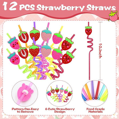 110 PCS Strawberry Party Favors Set - Berry Birthday Supplies for Kids Girls Includes Drinking Straws, Keychains, Silicone Bracelets, Sticker Strawberry Pinata Filler Goodie Bag Fillers