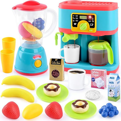 PLAY Kitchen Appliances Toys Set, Pretend Play Kids Kitchen Playset with Coffee Maker, Toy Blender and Play Foods, with Realistic Lights and Sounds, Play Kitchen Accessories Gift for Toddler Ages 3+