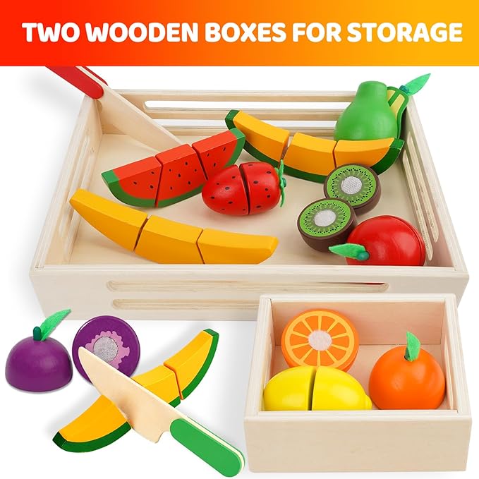 BAODLON Wooden Cutting Fruit Set - Wooden Play Food Toys for Kids Kitchen, Multi Play Food Kitchen Accessory with 2 Trays, Play Fake Fruit Toys Birthday Gifts for 3 4 Years Toddler Girl Boy