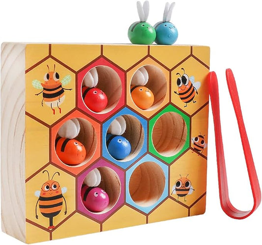 Toddler Fine Motor Skill Toy, Clamp Bee to Hive Matching Game, Montessori Wooden Bee Hive Toys, Wood Color Sorting Puzzle Early Learning Preschool Educational Gift for 2 3 4 Years Old Kids