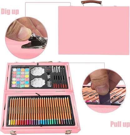 KINSPORY Art Supplies, 139 Pack Painting Drawing Art Kit with 2 Sketch Pads, Deluxe Double Layers Art Set Crafts, Colored Pencils, Oil Pastels, Watercolor Paints, Gift for Artists Kids (Rose Pink)