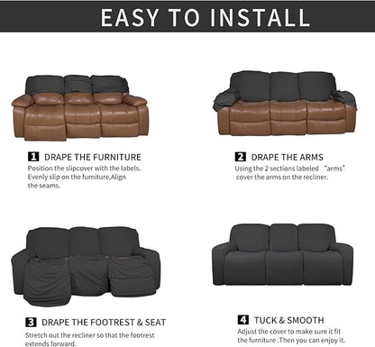 Easy-Going 8 Pieces Microfiber Stretch Sectional Recliner Sofa Slipcover Soft Fitted Fleece 3 Seats Couch Cover Washable Furniture Protector with Elasticity for Kids Pet(Recliner Sofa, Dark Gray)