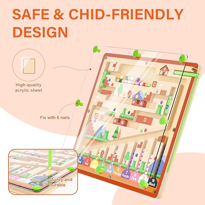 zhiwuzhu Magnetic Color and Number Maze for Montessori Toys,Wooden Matching Learning Counting Board for Toddler Ages 2-4,Toddler Fine Motor Skills Toys for Boys Girls