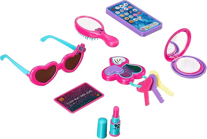 Amazon Basics 8-Piece Pretend Play Purse Toy with Accessories for Girls Ages 3 and Up, Kids Toy Handbag Gift Set Including Smartphone, Sunglasses, Pretend Makeup Kit, Keys and Credit Card, Pink