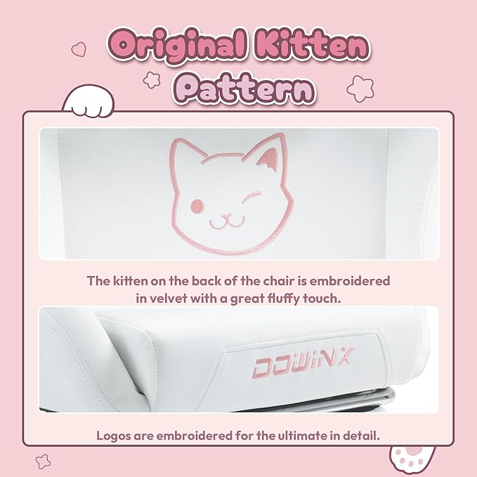 Dowinx Gaming Chair Cute with Cat Ears and Massage Lumbar Support, Ergonomic Computer Chair for Girl with Footrest and Headrest, Comfortable Reclining Game Chair 290lbs for Adult, Teen, White