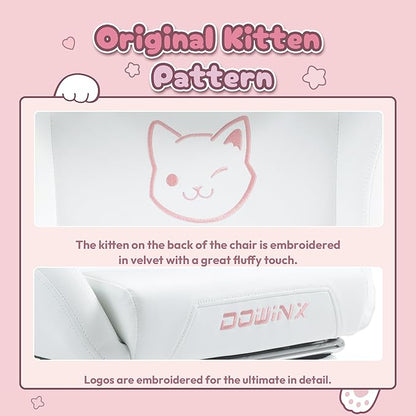 Dowinx Gaming Chair Cute with Cat Ears and Massage Lumbar Support, Ergonomic Computer Chair for Girl with Footrest and Headrest, Comfortable Reclining Game Chair 290lbs for Adult, Teen, White