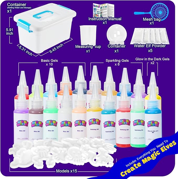 Upgraded Magic Water Elf Toy Kit, 20 Gels & 15 Molds, Craft & Art Kits for Kids Girls Boys Age 3 4 5 6 7 8 9 10 11 year old, Aqua Fairy Make Your Own Water Pets Squishy Maker Birthday Gift Party Favor