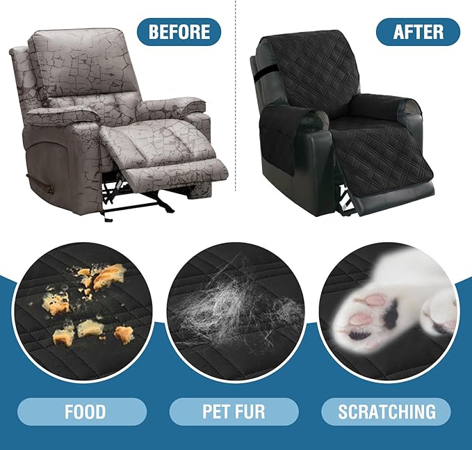 H.VERSAILTEX 100% Waterproof Recliner Chair Covers Dog Chair Cover Non Slip Covers for Recliner Chair with Pocket Electric Power Lift Recliner Slipcovers for Pets and Kids,Black/Beige