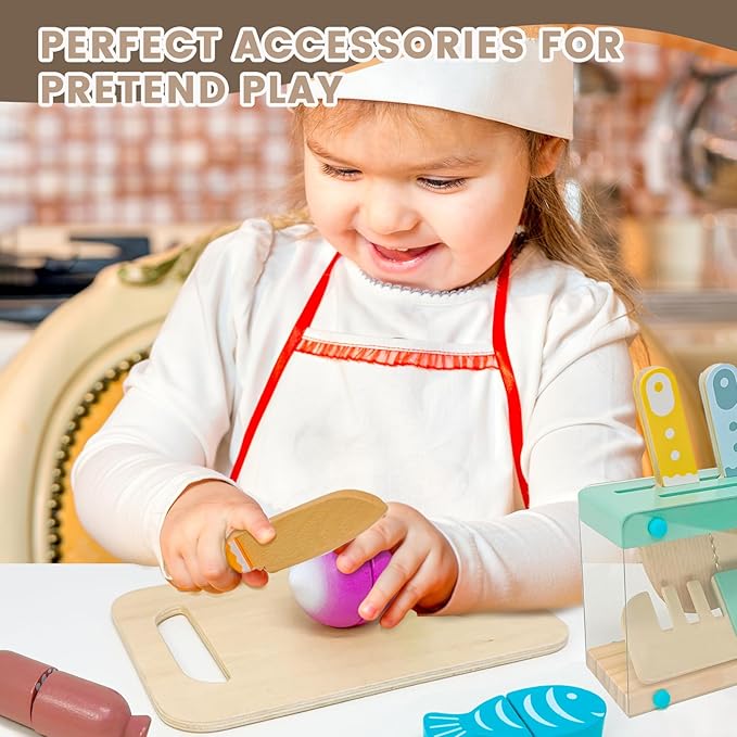 Play Kitchen Accessories, Wooden Play Food Set, 11Pcs Kids Kitchen Accessories with Cutting Board and Knife Set, Kitchen Pretend Play Gifts for 3+ Girls Boys