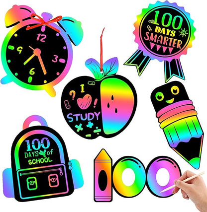 JULMELON 36 PCS 100 Days of School Scratch Art for Kids, Rainbow Magic Scratch Paper 100th Day of School Craft Kit for Kids 100th Day of School Gifts Classroom Activities Project Party Favors