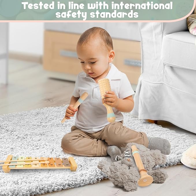 Stoie's Wooden Musical Instruments for Toddlers 1-3 - Montessori Music Toys for 1 Year Old, with Xylophone, Tambourine and More - Aids Educational Development and Creativity -Baby Musical Instruments