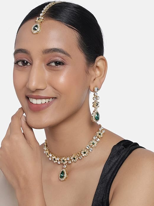 Aheli Traditional Gold Plated Kundan Beads Studded Choker Necklace Dangle Earrings & Maangtikka Set Ethnic Fashion Jewellery Gift for Women