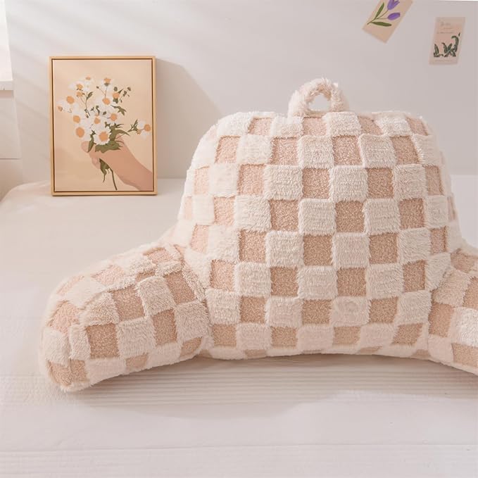 Aimuan Reading Pillow Checkered Bed Rest Wedge Backrest Checkerboard Pillow with Arms Back Support for Sitting Up in Bed Cushion Incline Rest Sleeping Snoring Pillow (Beige,Standard)