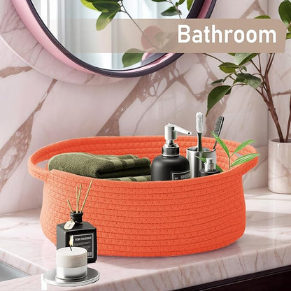 JMvicyroam Woven Basket,Small Rope Storage Bin with Handles & Ribbon Bag, Organizer for Shelves Closets,Gift Basket Empty for Birthday,Books,Dog Toys,Orange/3 Pack
