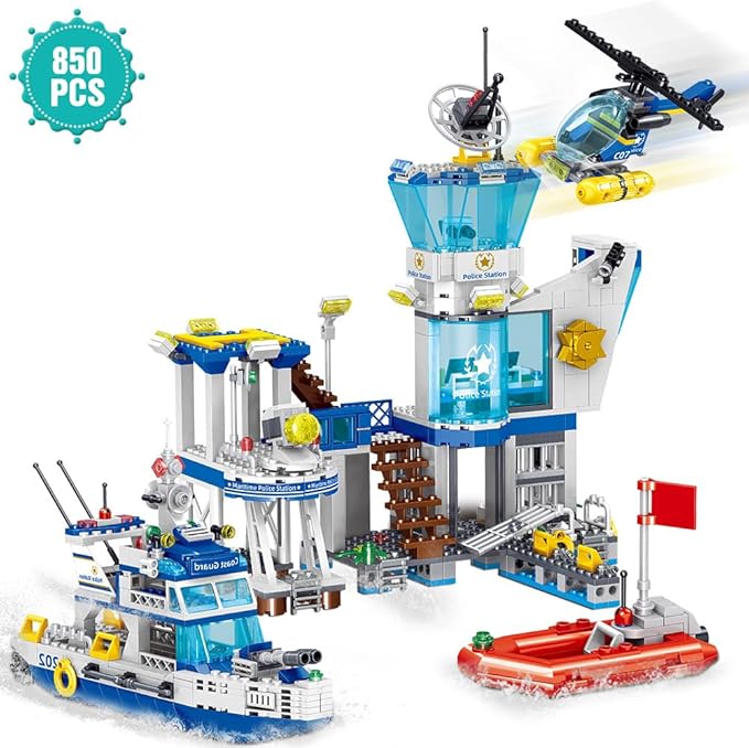 Police Station Building Blocks Set, 800pcs Building Toy with Ship,Boat & Helicopter for Boys 6+,Compatible with Lego