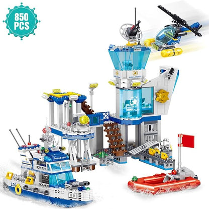 Police Station Building Blocks Set, 800pcs Building Toy with Ship,Boat & Helicopter for Boys 6+,Compatible with Lego