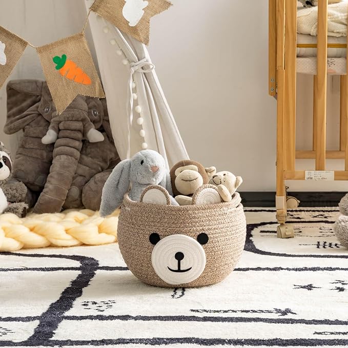 CherryNow Baby Basket for Nursery, Bear Gift Baskets for Kids, Baby Shower Basket with Handles, Small Cute Animal Baskets, Light Brown, 10.5"D x 8.5"H