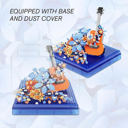 Guitar Mini Building Block Sets with Colorful Flower Decor, Micro Building Sets with Dust Cover,Gift for Girl,Lover,Mother, Home Office Decor Kit Suit for Kids and Adult Aged 8+(Guitar)