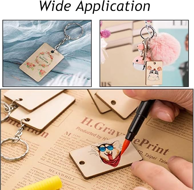 QMTSINEW 100Pcs Blank Rectangle-Shaped Wooden Keychain Set,Unfinished Wood Pieces with Key Rings and Hemp Rope,Personalized Wood Keychain,Key Tags DIY Keychain Supplies for Holiday Craft Projects, Han