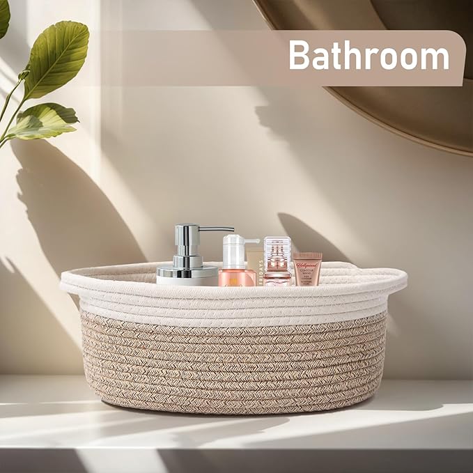 JMvicyroam Woven Basket,Small Rope Storage Bin with Handles & Ribbon Bag, Organizer for Shelves Closets,Gift Basket Empty for Birthday,Books,Dog Toys, White&Oatmeal/2 Pack