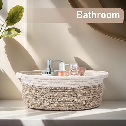 JMvicyroam Woven Basket,Small Rope Storage Bin with Handles & Ribbon Bag, Organizer for Shelves Closets,Gift Basket Empty for Birthday,Books,Dog Toys, White&Oatmeal/2 Pack