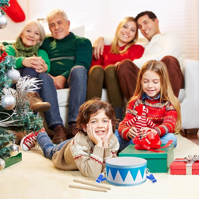 Kids Drum Set 7.87 in Wooden Toy Drum with Adjustable Strap 2 Drumsticks Educational Sensory Musical Instrument Set for Toddlers Kids Baby Toy Gift(Blue Triangle Style)