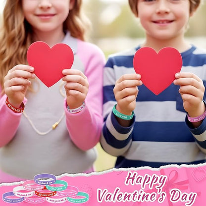 Gueevin 60 Pcs Bible Verse Bracelets for Kids Christian Scripture Bracelets Jesus Wristband Religious Motivational Valentine Kids School Gifts Classroom Prizes (Valentine,Pink Color)
