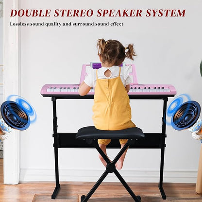 Ktaxon 61 Key Keyboard Piano Electric Keyboard w/Lighted Keys, Electric Piano Set with Headphones, Microphone, Music Rest, Power Adapter, Stand, Piano Bench and Manual (Full-Pink)