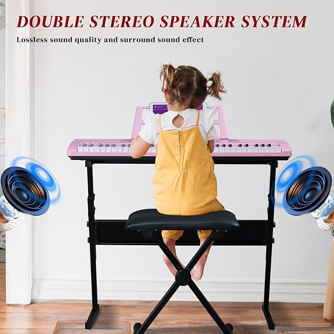 Ktaxon 61 Key Keyboard Piano Electric Keyboard, Electric Piano Set with Headphones, Microphone, Music Rest, Power Adapter, Piano Stand, Piano Bench and Manual (Full Size H Stand-Nude Pink)