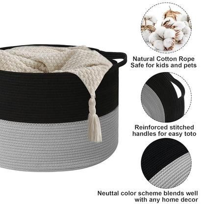 115L Large Blanket Basket,23.6"L x 23.6"W x 15.7"H Rope Woven Baskets with Handles, Toys Storage Bins,Laundry Basket Perfect for Living Room, Nursery,Bedroom,Home Organization,Black&Light Grey