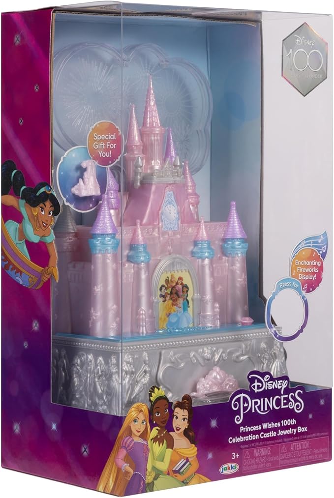 Disney Princess Jewelry Box for Girls Princess Castle Keepsake Jewelry Box with Music & Firework-Like Light Show, Plays Song “A Dream Is a Wish Your Heart Makes”