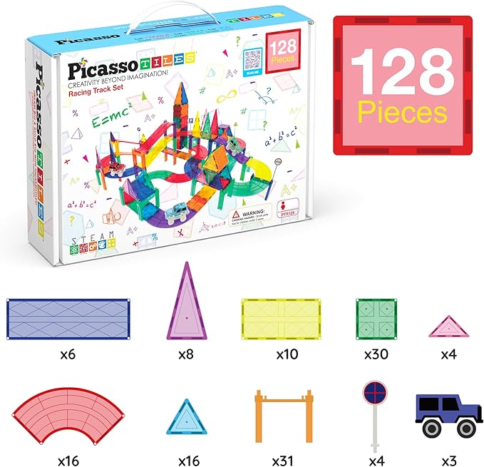 PicassoTiles 128 Piece Race Car Track Building Block Educational Toy Set Magnetic Tiles Magnet Playset 3 LED Car STEM Learning Construction Kit Hand-Eye Fine Motor Skill Training Brain Development