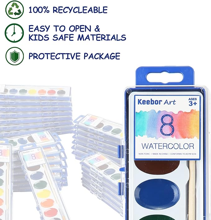 8-Color Watercolor Paint Set for Kids, 36 Pack Washable Watercolors for Party Favors, Gifts, Classroom Supplies (Wood Brushes Included)