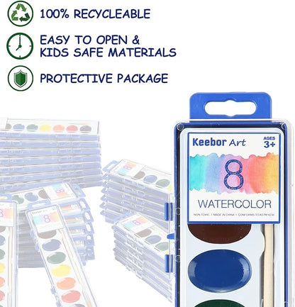 8-Color Watercolor Paint Set for Kids, 36 Pack Washable Watercolors for Party Favors, Gifts, Classroom Supplies (Wood Brushes Included)