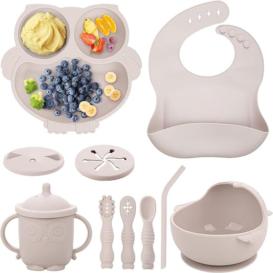 Baby Weaning Set, Silicone Baby Feeding Set(10 Pcs), Toddler Weaning Set with Adjustable Bib, Suction Bowl, Plate, Fork, Spoon, Water & Snack Cup Kit, Baby Led Weaning Kit for Babies and Kids
