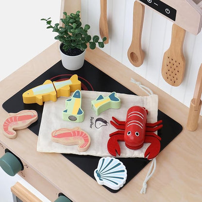 PairPear Wooden Play Food Cutting Seafood Set - Toddlers Wooden Toy Food Pretend Play Kitchen Accessories for 3 Years Old Boys Girls Early Education Toys Gift