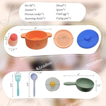 Play Kitchen Accessories, Silicone Pretend Play Kitchen Toys Set, Play Kitchen Pots and Pans Set for Kids, Learning Education Cooking Toys for Girls(Orange)