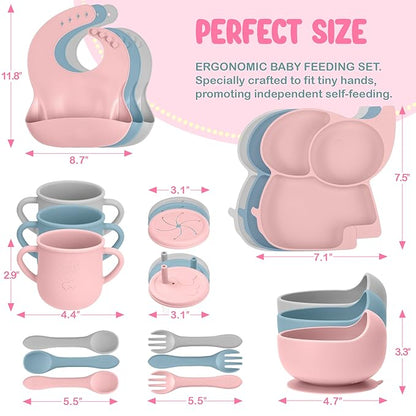 24 Pack Silicone Baby Feeding Set - 6+ Months Food Grade Baby Feeding Essentials | Silicone Bibs, Baby Bowls and Plates, 3 in 1 Baby Sippy Cup, Spoons and Fork Set | Free of BPA/PVC/Lead/Phthalate