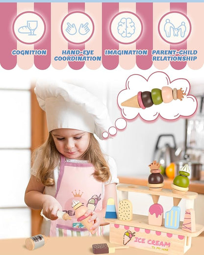 Ice Cream Toys for Toddlers 3-5, Wooden Ice Cream Stand for Kids, Popsicle Toys Ice Cream Set, Kids Ice Cream Shop Playset, Ice Cream Truck Toy Gift for Girl Boy 3 4 5 Years, Wooden Play Food Set