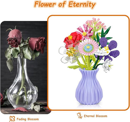 Flowers Bouquet Building Set with Vase, 8 Artificial Flowers Bouquet Set for Adults, Kids, Boys, Girls, Idea Gifts for Mother's Day, Birthdays, Creative DIY Plant Bouquet Decoration Botanical, 730PCS
