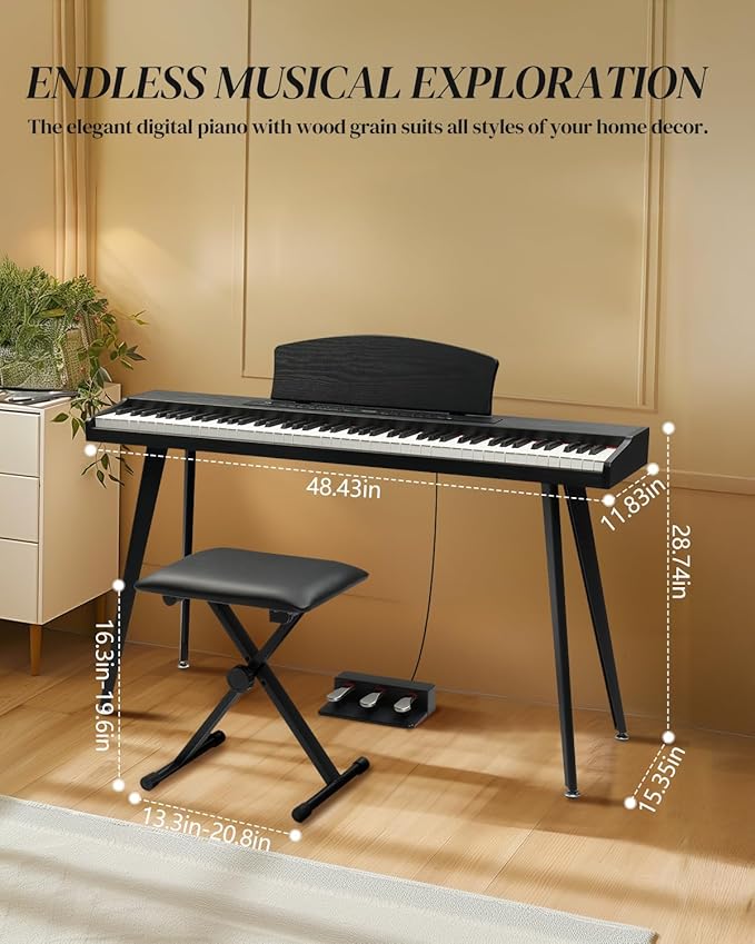 Ktaxon 88 Key Keyboard Piano Set, Full Size Digital Piano with Multi-Adjustable Height Bench, Powerful Functional Panel, Professional 3 Pedal Unit and Dual Mode Connectivity for Beginner(Black)