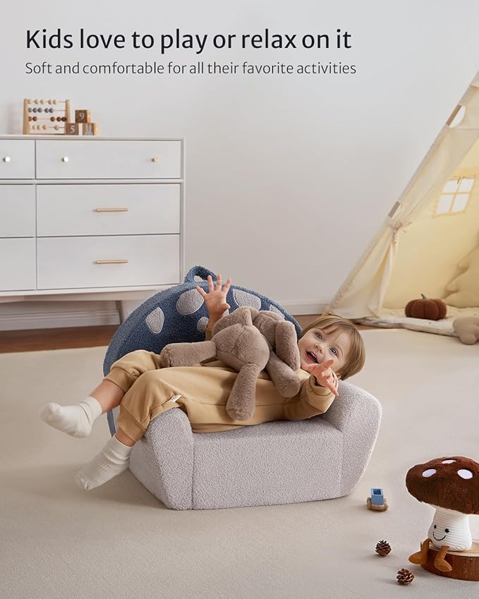 Blissful Diary Toddler Chair Comfy, Foam Kids Chair with Soft Teddy Plush, Toddler Reading Chair with Cute Mushroom Designs- Blue