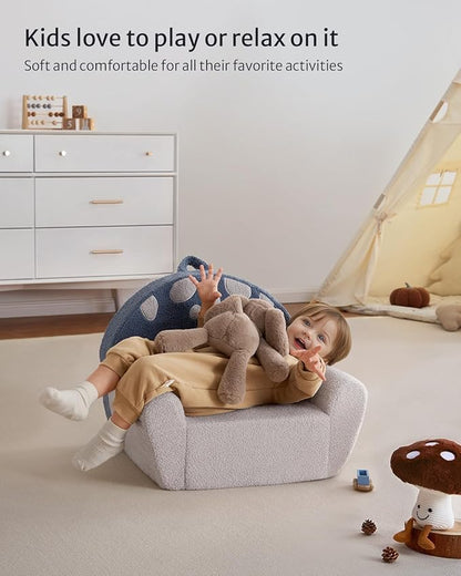 Blissful Diary Toddler Chair Comfy, Foam Kids Chair with Soft Teddy Plush, Toddler Reading Chair with Cute Mushroom Designs- Blue