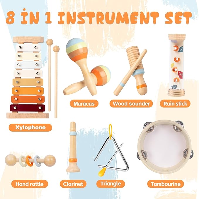 Baby Musical Instruments Sets, Montessori Wooden Percussion Educational Musical Toys for Toddlers, Xylophone Preschool Learning Activities Birthday Gifts for Boys Girls