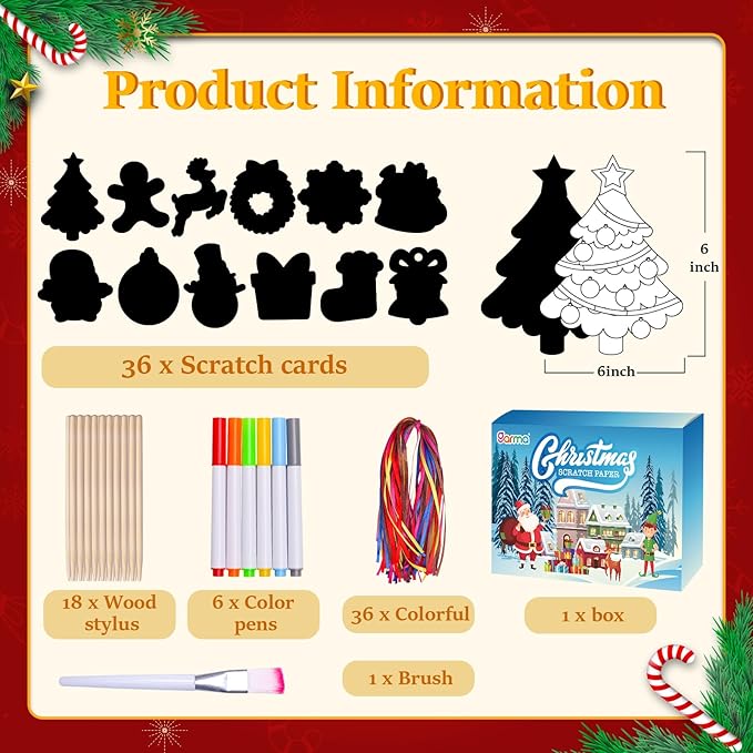 Garma 36Pcs Christmas Crafts Scratch Art for Kids, Rainbow Scratch Paper Christmas Ornaments Crafts Christmas Party Favors Toys Xmas Tree Ornaments Hanging Craft Art Kits