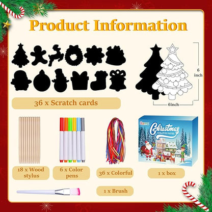 Garma 36Pcs Christmas Crafts Scratch Art for Kids, Rainbow Scratch Paper Christmas Ornaments Crafts Christmas Party Favors Toys Xmas Tree Ornaments Hanging Craft Art Kits