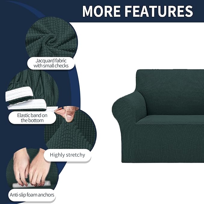 2025 New Stretch Sofa Slipcovers Couch Cover for 3 Cushion Furniture Protector Sofa Covers with Elastic Bottom Jacquard Fabric Small Checks for Pets, Kids -Sofa, Hunter
