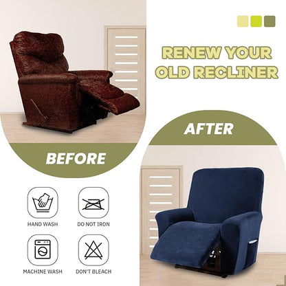 AZON Velvet Stretch Recliner Chair Cover,1-Piece Washable Recliner Couch Cover with Elastic Furniture Protector for Pets, Kids(Recliner, Navy Blue)