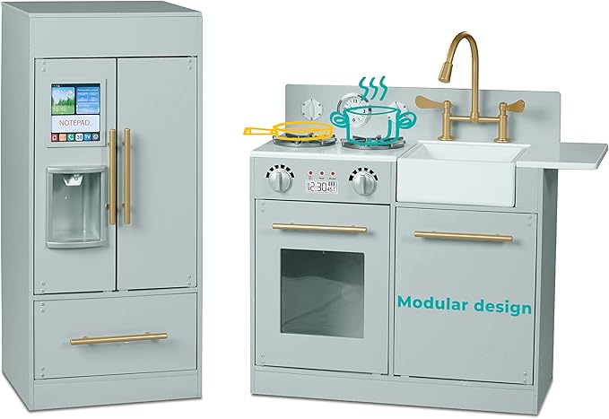 Teamson Kids Little Chef Charlotte Modern Modular Interactive Wooden Play Kitchen with Refrigerator, Stove and Sink in Gray with Gold Accents